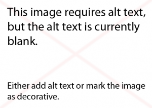 A message that alerts a user that their image needs alt text