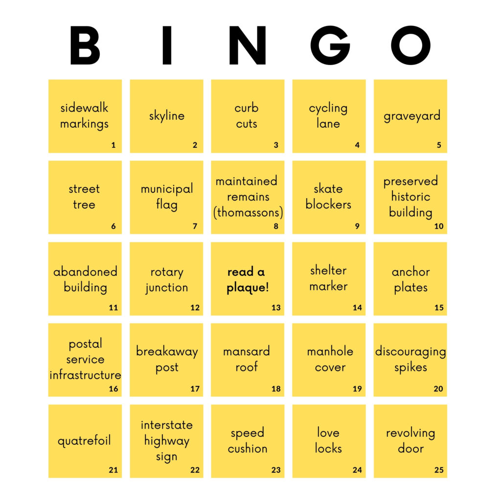A BINGO card showing 25 yellow squares containing different urban design elements.